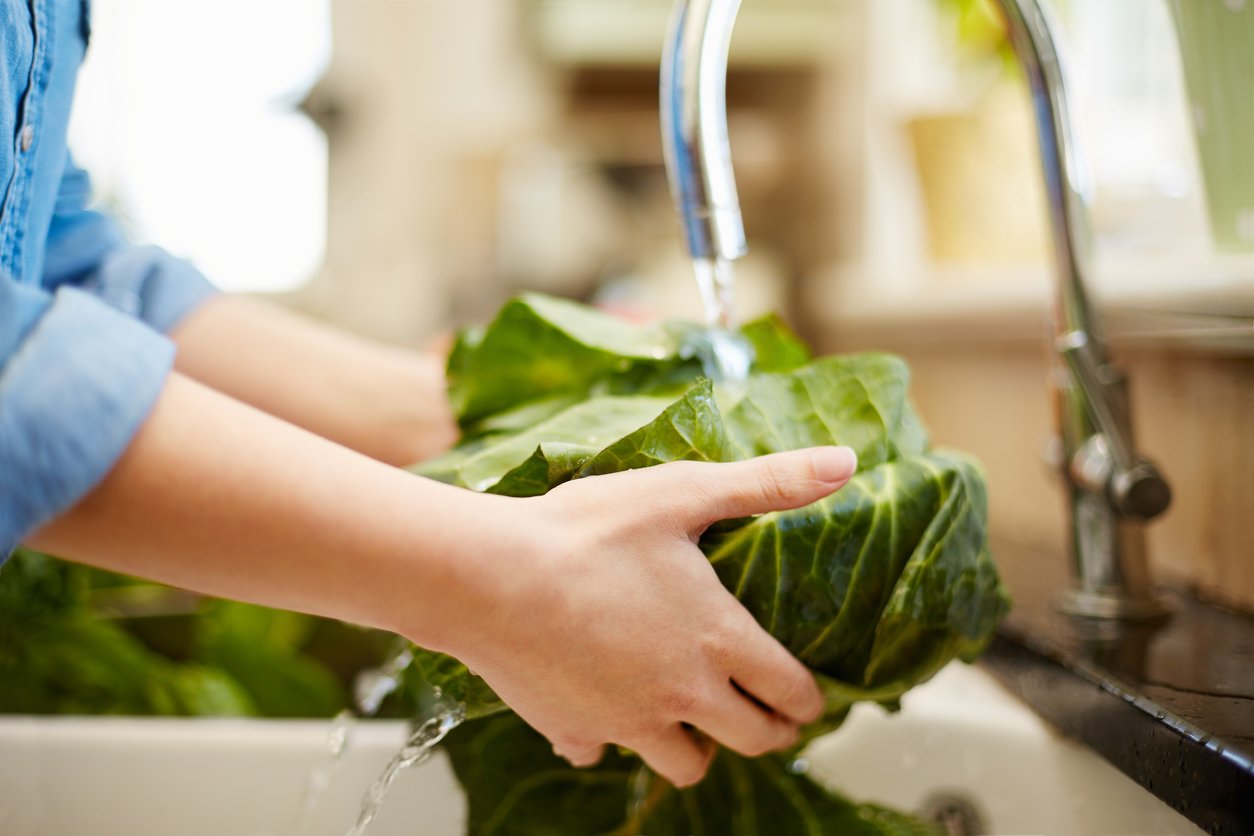 Cropped close-up image of woman washing cabbage in kitchen