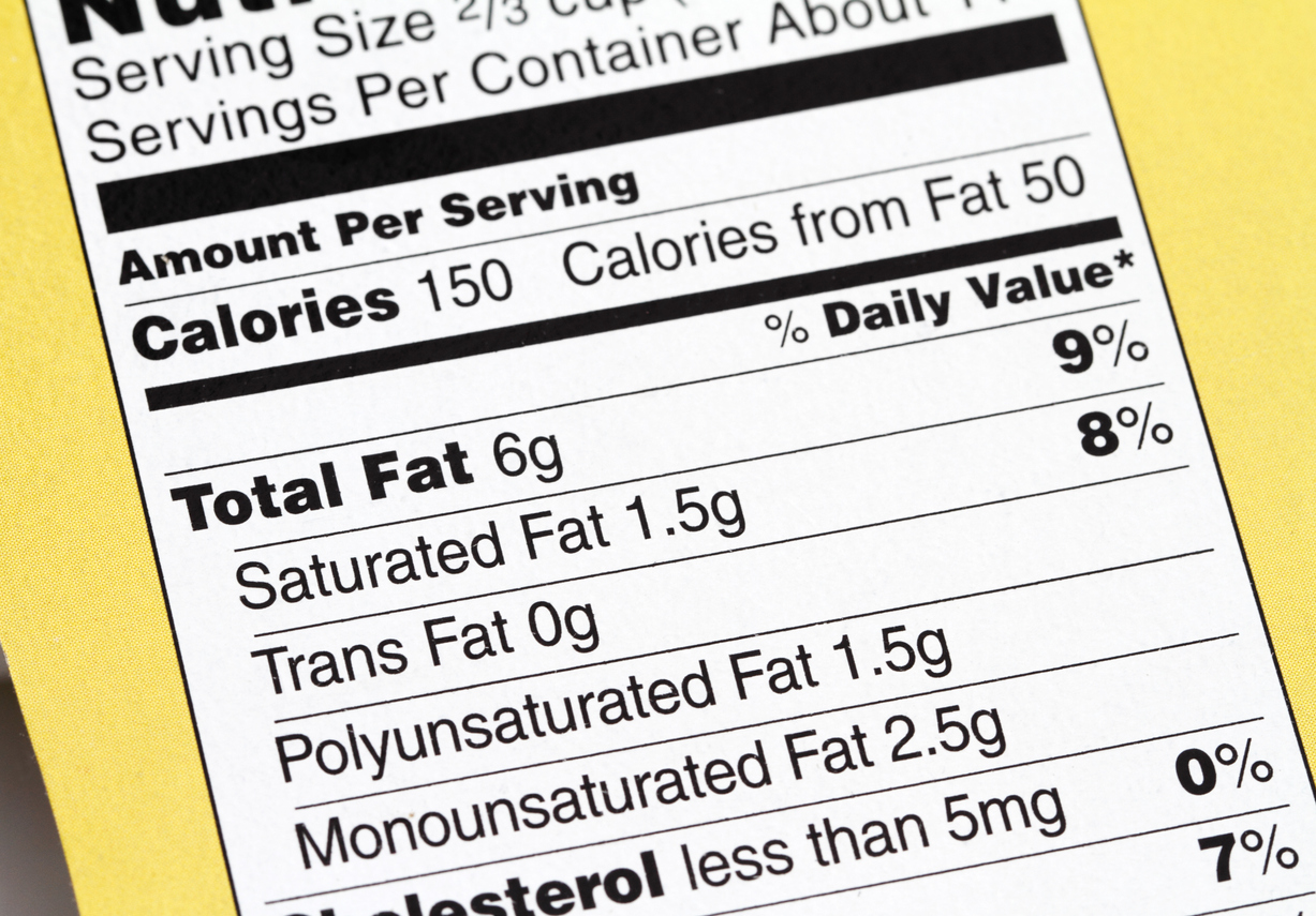 Nutrition label showing calories and fat content.