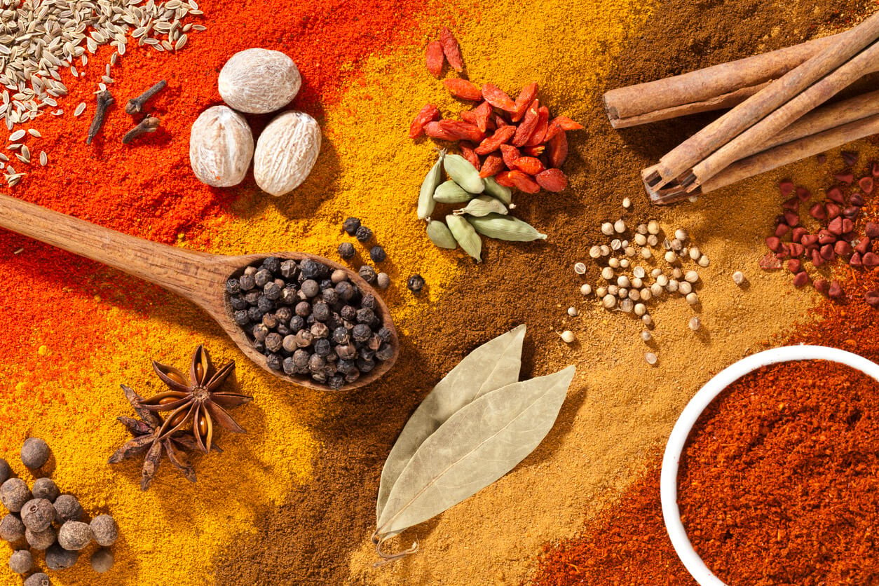 colorful exotic spices composition shot directly above