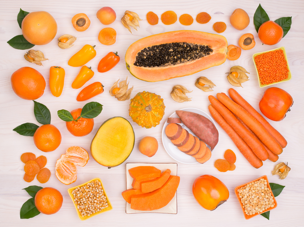 Orange fruit and vegetables containing plenty of beta carotene