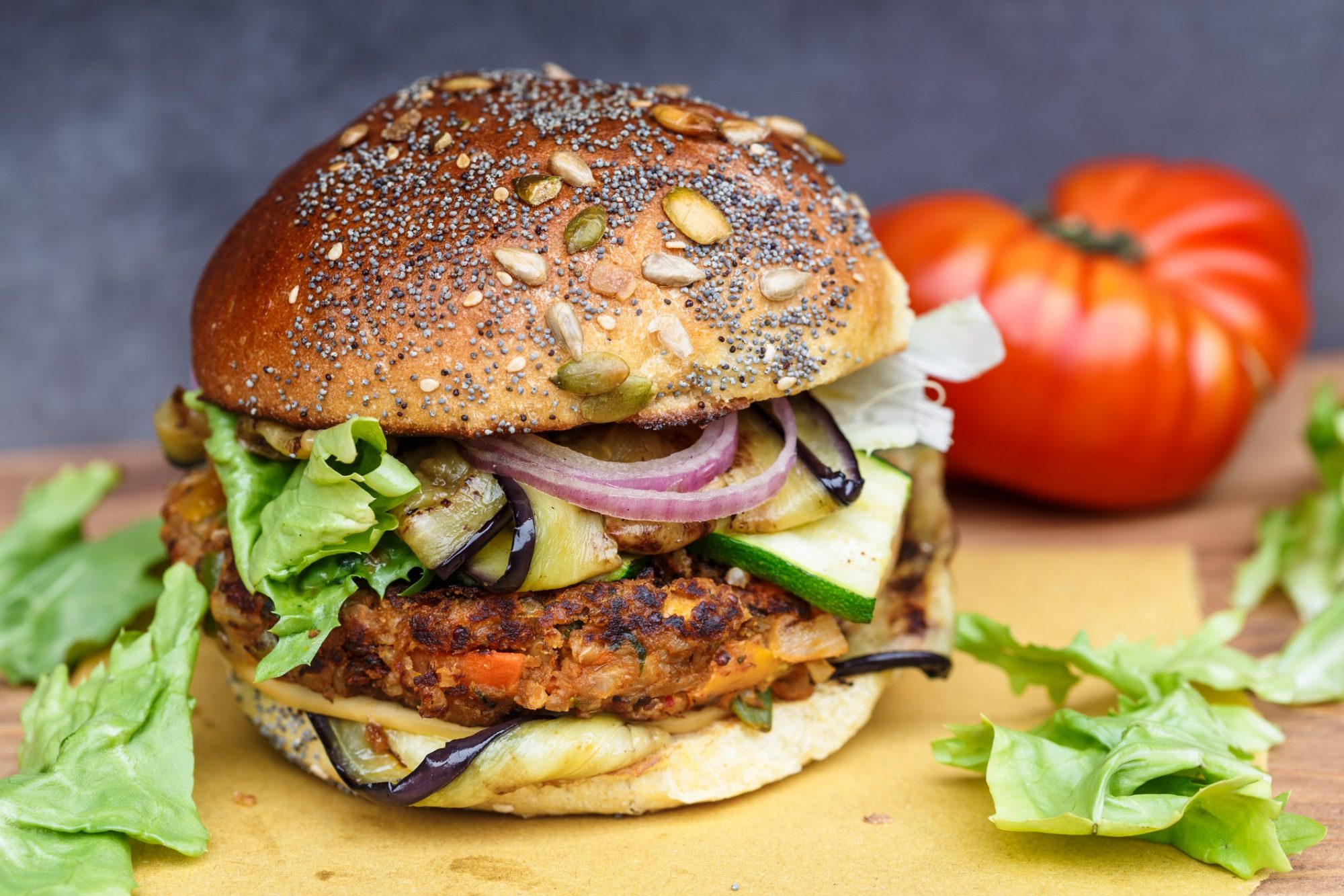 Veggie burger piled high with vegetables