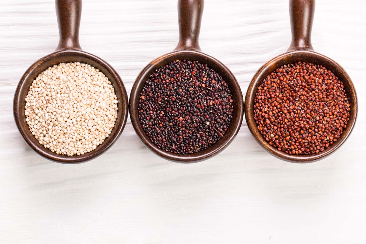 What is quinoa? Red, black, and white quinoa seeds in spoons