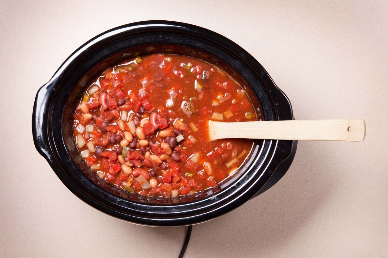 Crockpot cooking chili from a plant-based slow cooker recipe