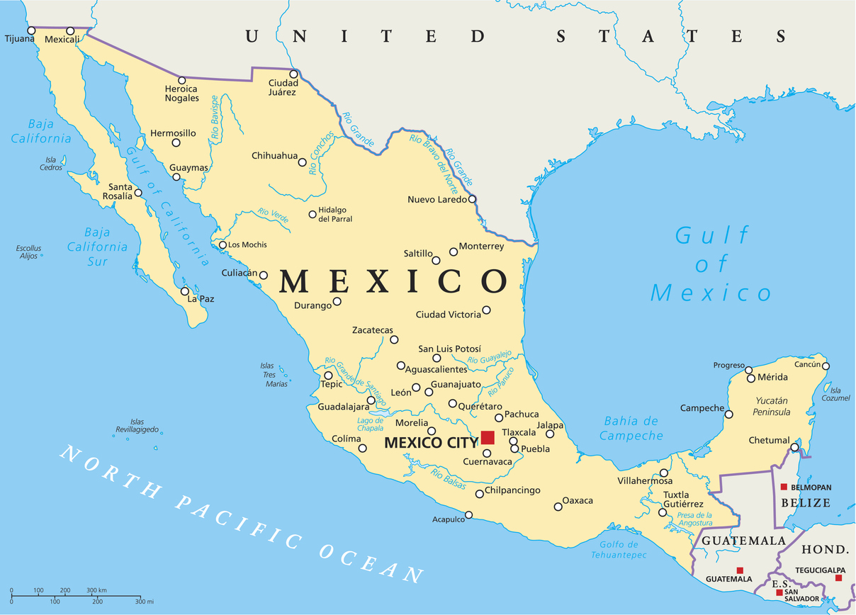 Mexico Political Map with capital Mexico City, national borders, most important cities, rivers and lakes. English labeling and scaling. Illustration.