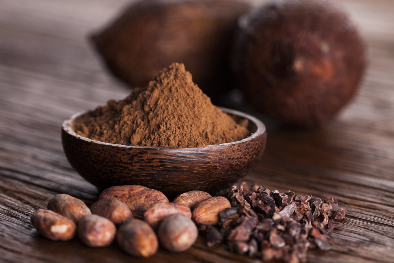 Cacao beans and powder and food dessert background