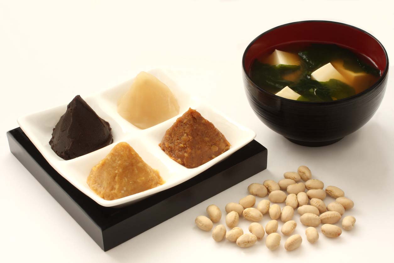 variety of miso types in dish next to miso soup