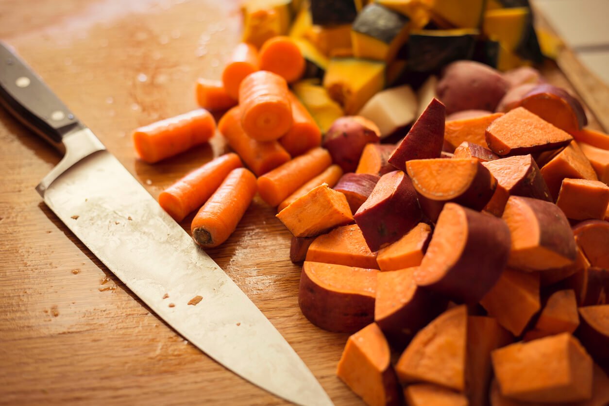 chopped root vegetables in the kitchen