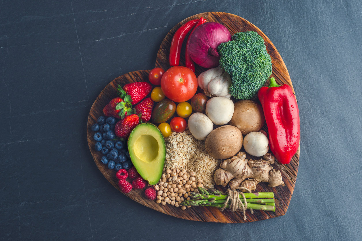 healthy food on heart shaped platter