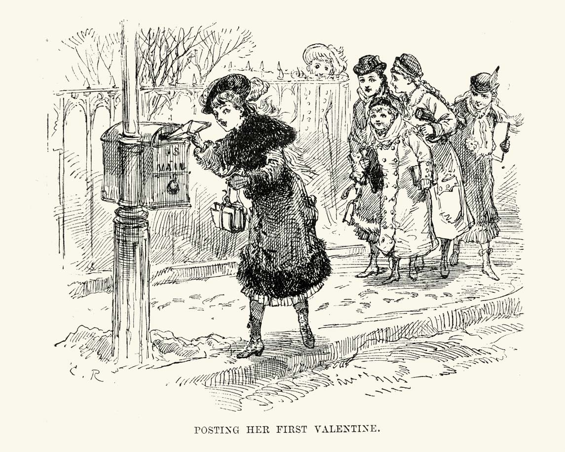 artistic drawing of woman putting valentine in the post