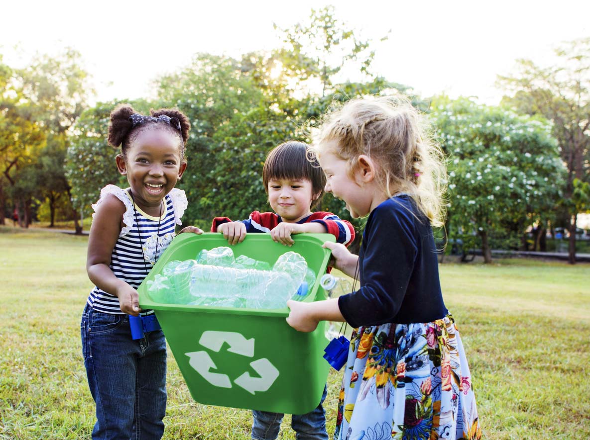 group of kids with recycle bin