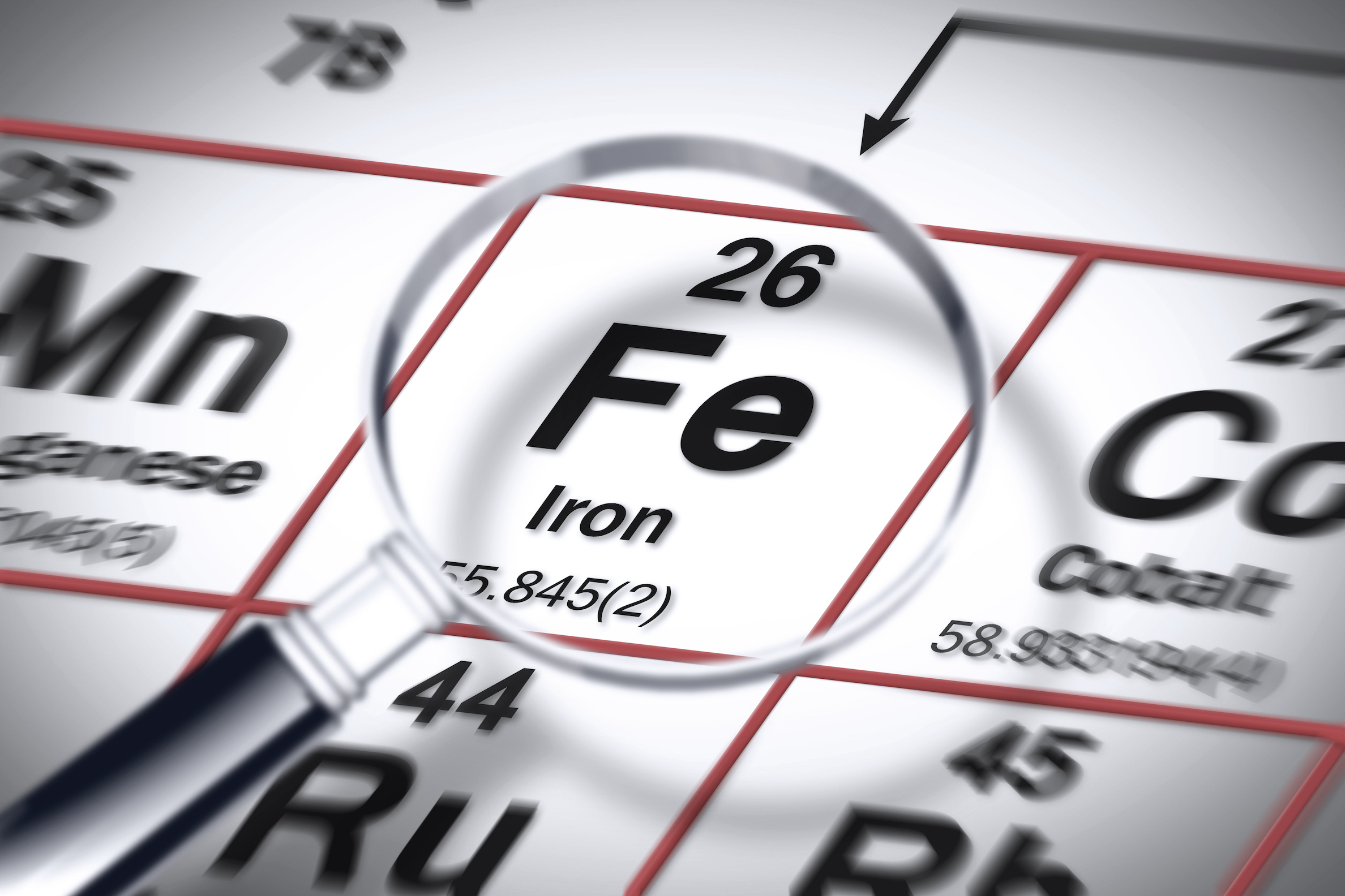 Focus on Iron chemical element - concept image with the Mendeleev periodic table