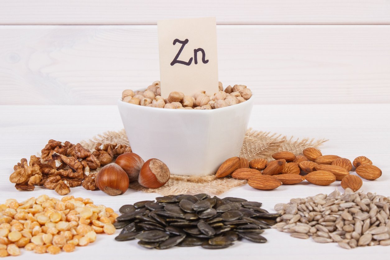 Inscription Zn, Ingredients or products containing zinc and dietary fiber on white board, natural sources of minerals, healthy lifestyle and nutrition