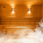 Interior of Finnish sauna, classic wooden sauna, Finnish bathroom