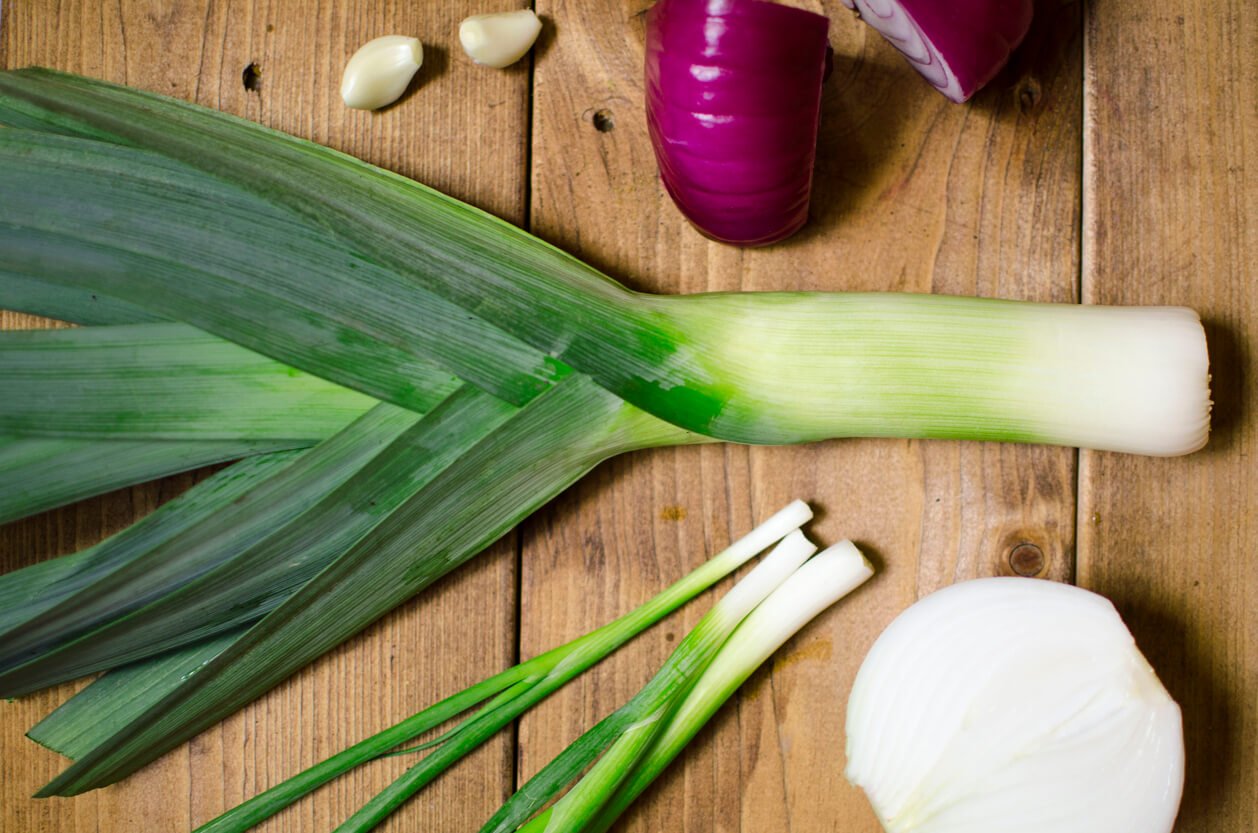 different onions on the wooden brown table