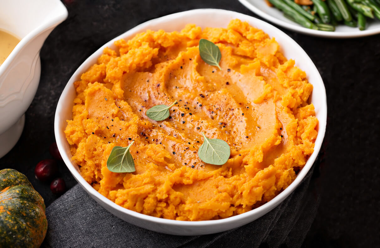 mashed sweet potatoes on thanksgiving table