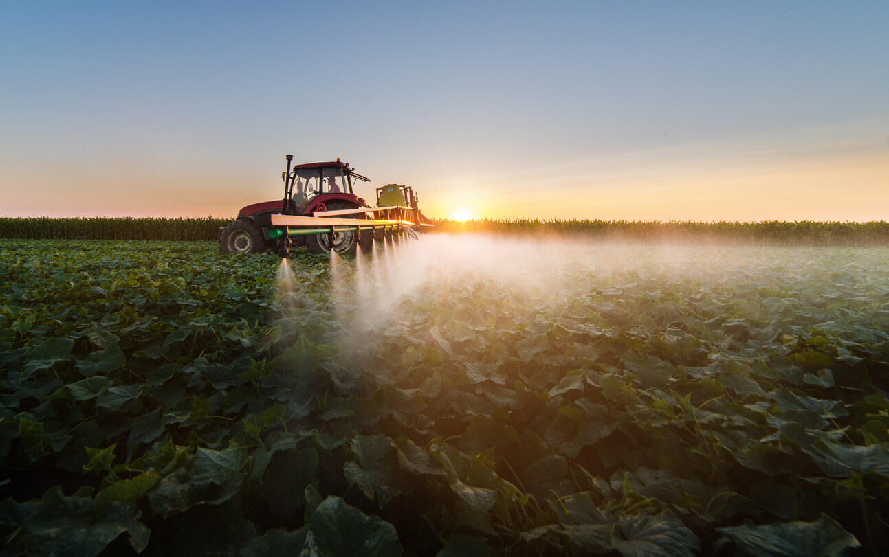 tractor spraying pesticides on soybean field with sprayer