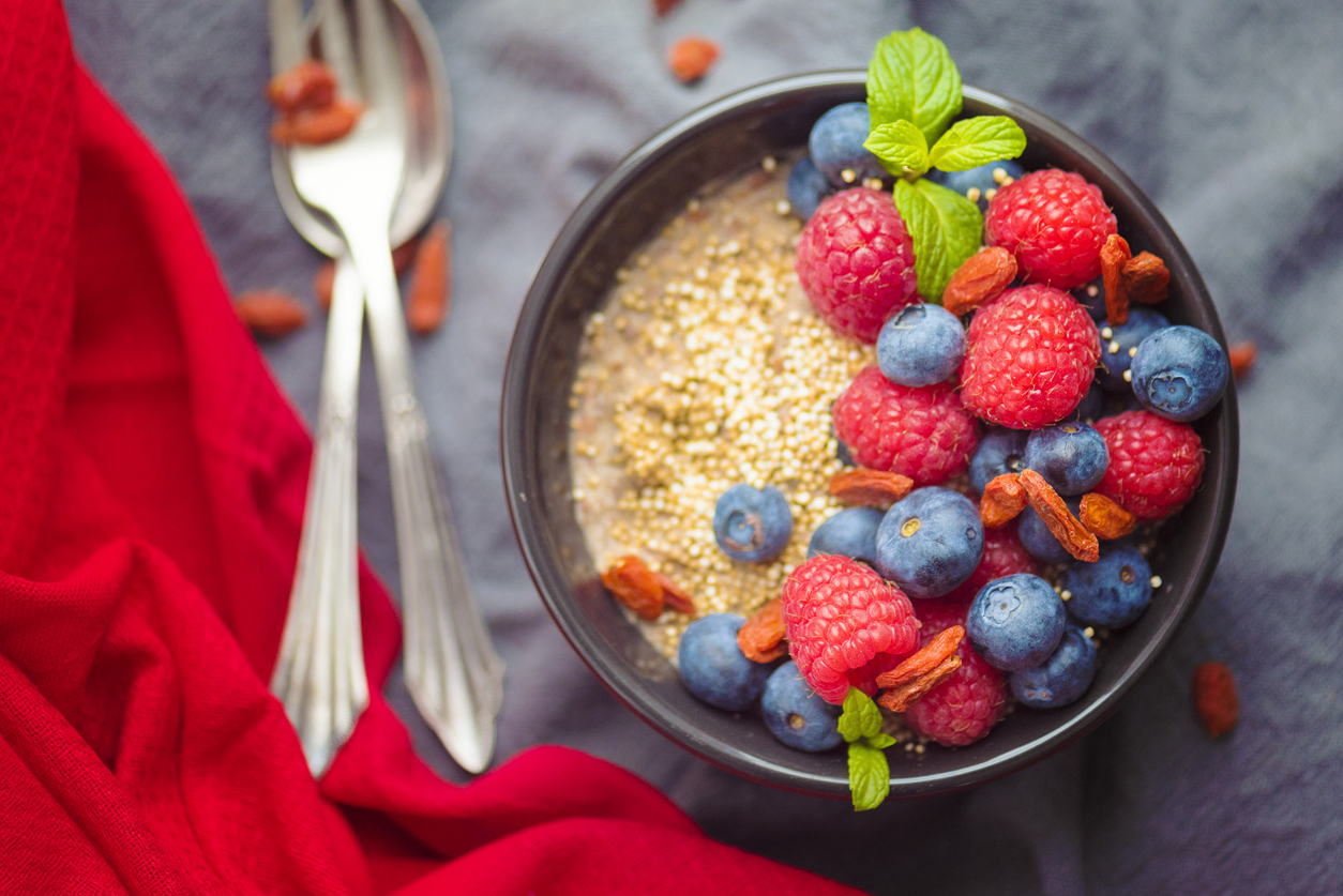 Healthy Eating – gluten free, organic porridge with quinoa, wolfberries, blue berries, raspberries and popped amaranth