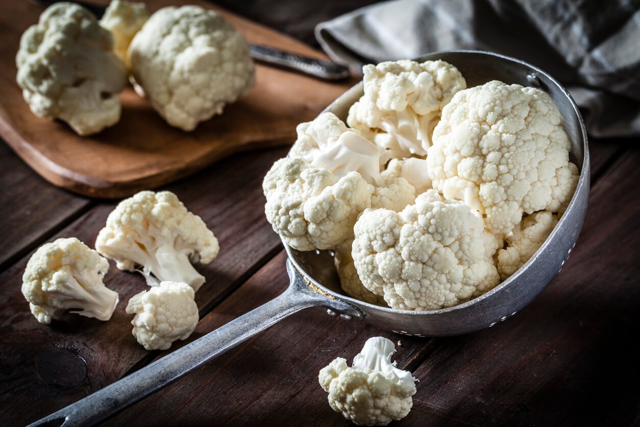 cauliflower in metal colander