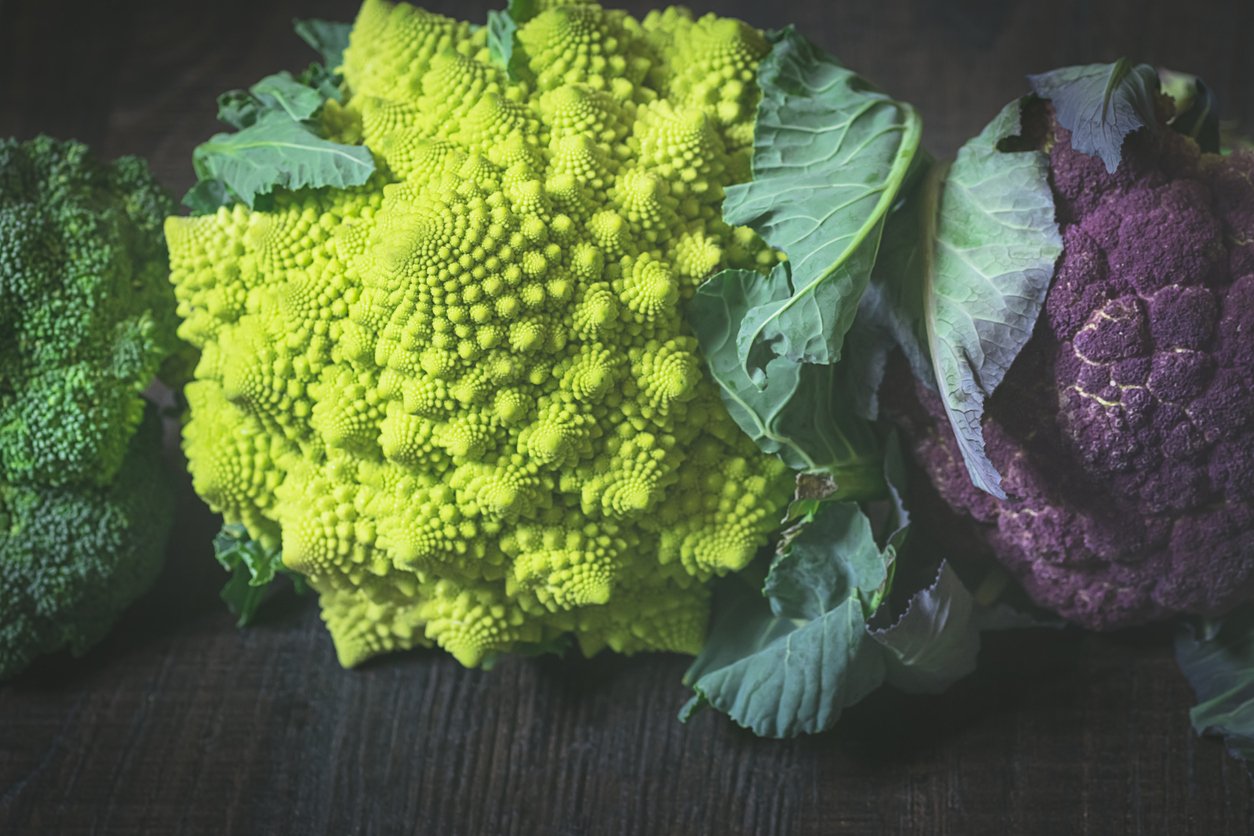 Romanesco, Violet Cauliflower, Broccoli. Rustik still life