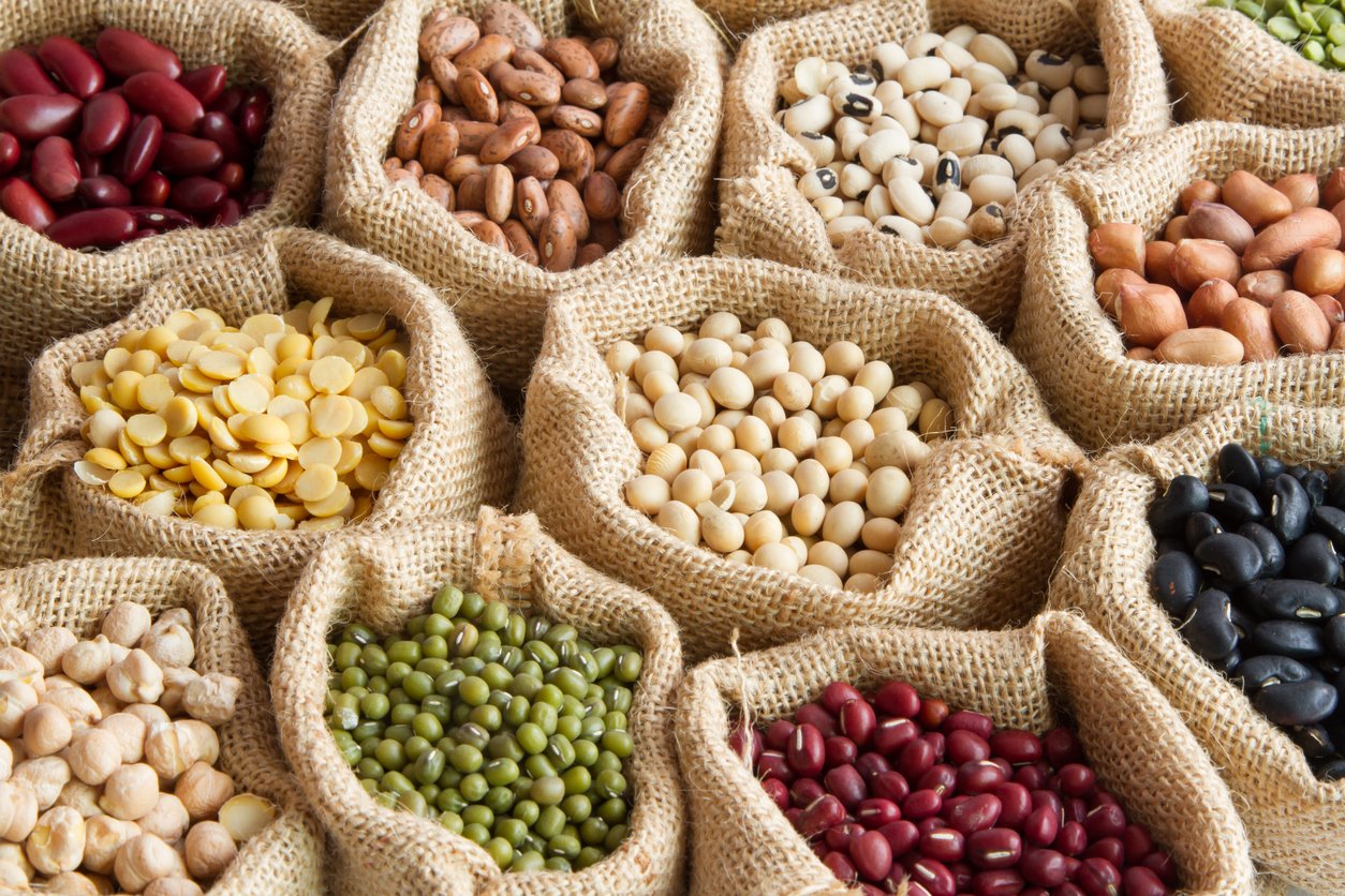 various of legumes in sack bag