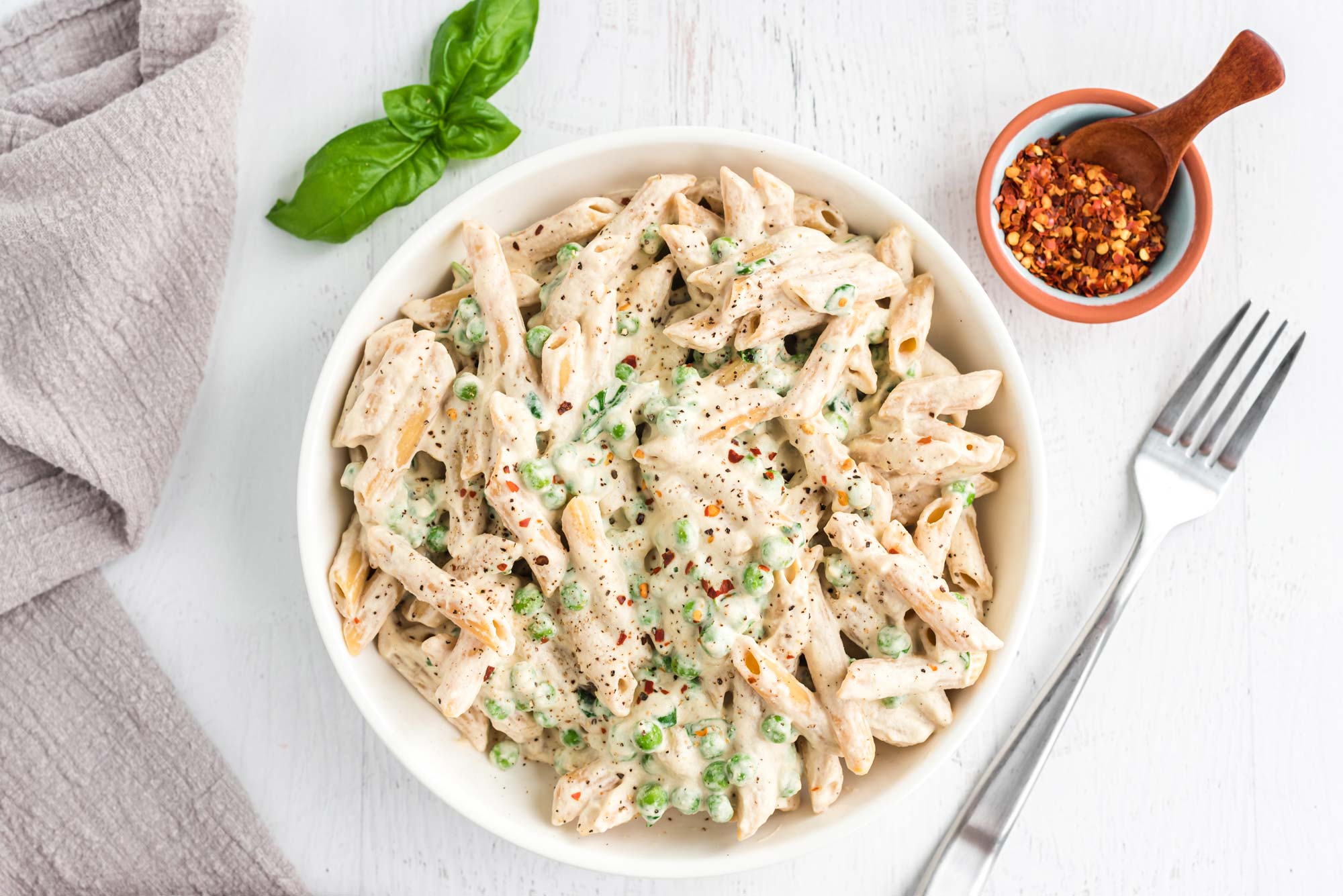 legume pasta with spinach and cashew bechamel