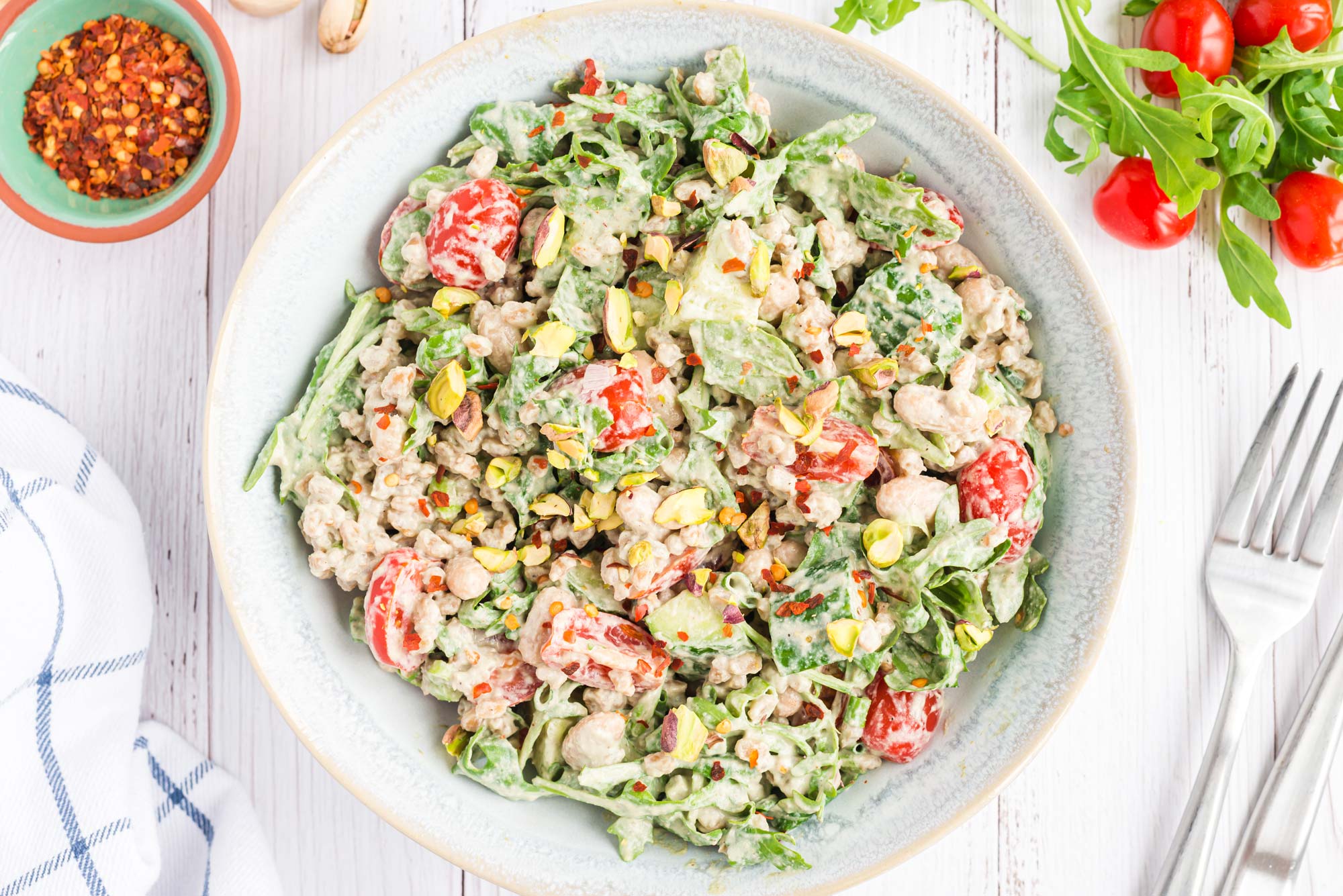 lemon basil farro salad in bowl