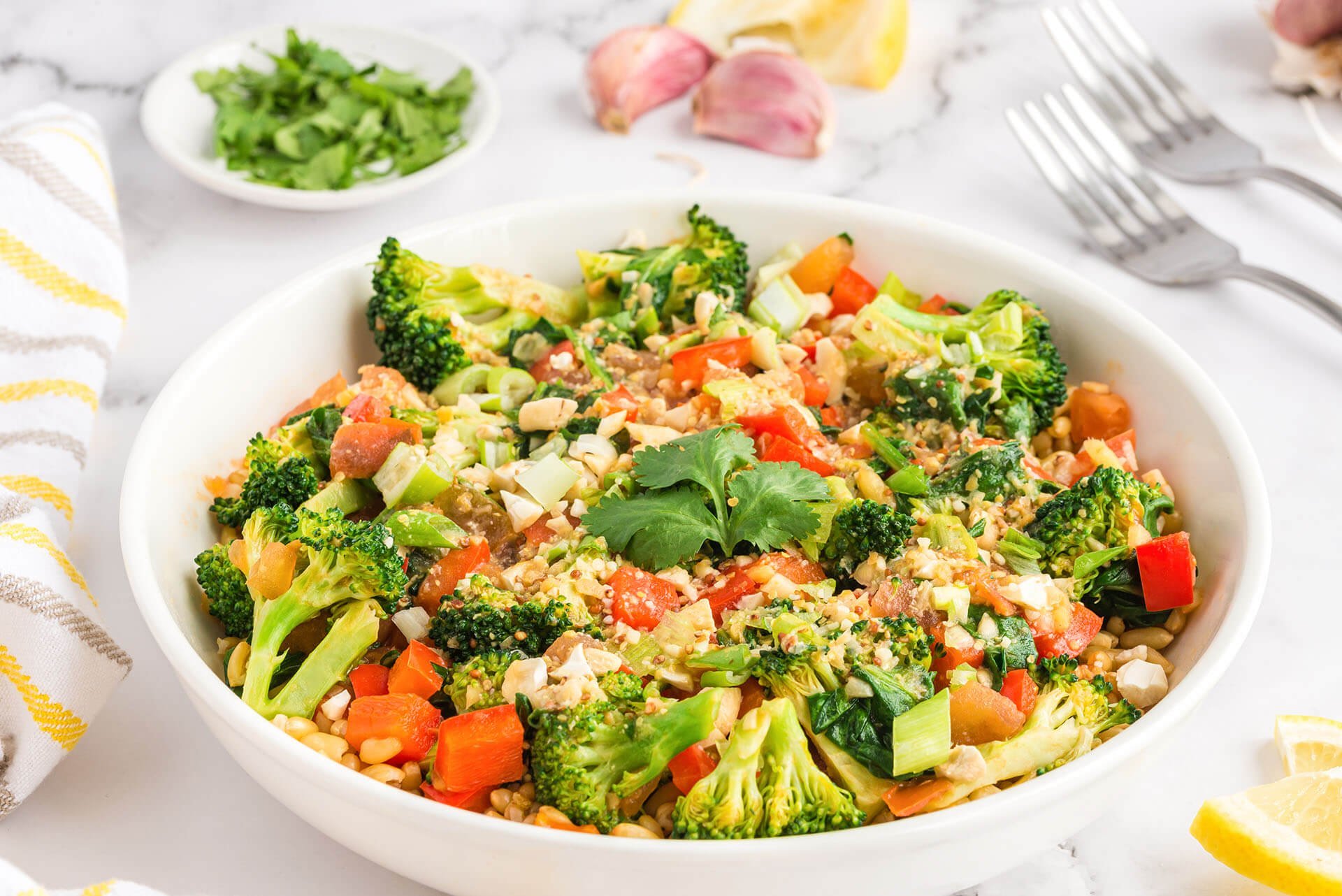 lemon miso grain and vegetable bowl