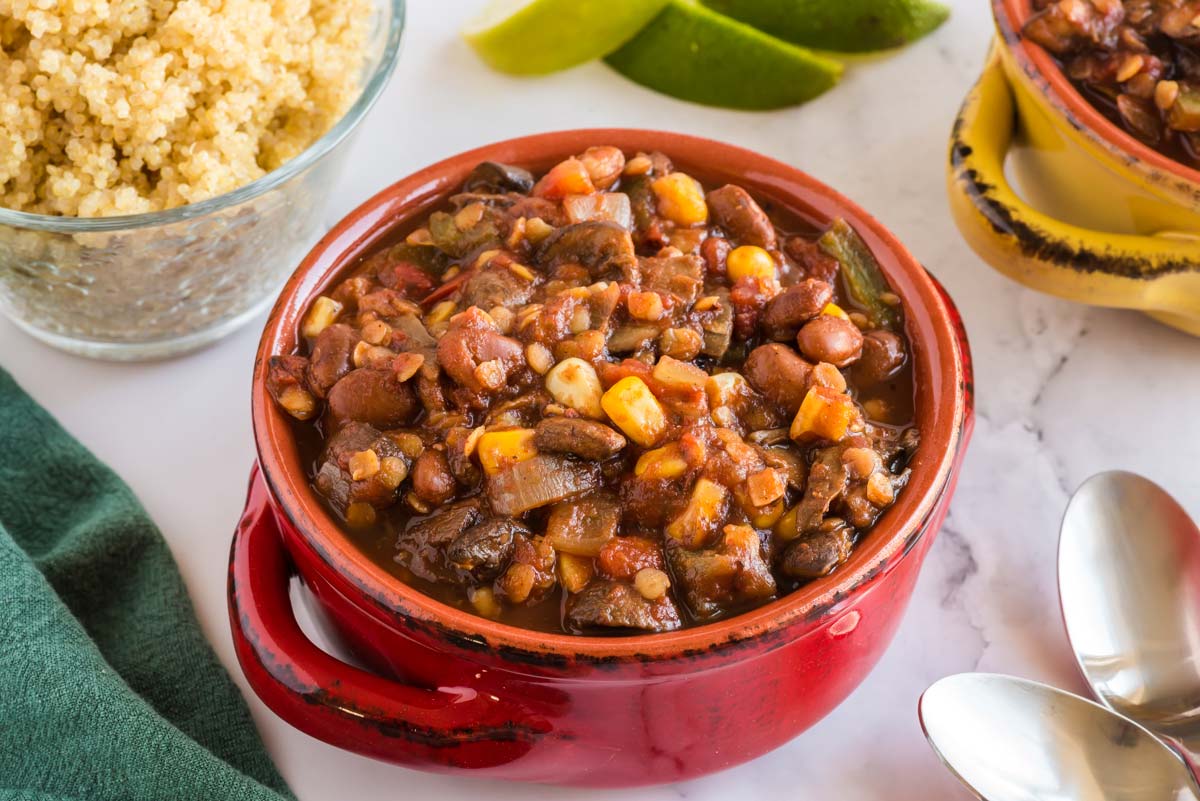 mushroom chili in serving bowl