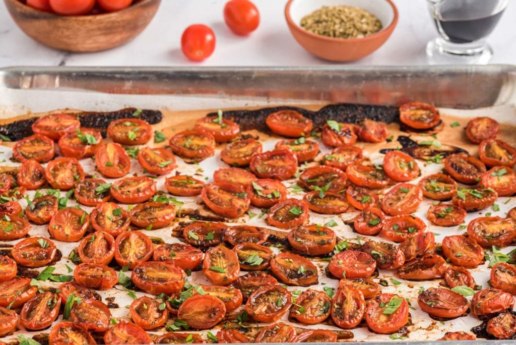 roasted balsamic basil tomatoes on sheet pan
