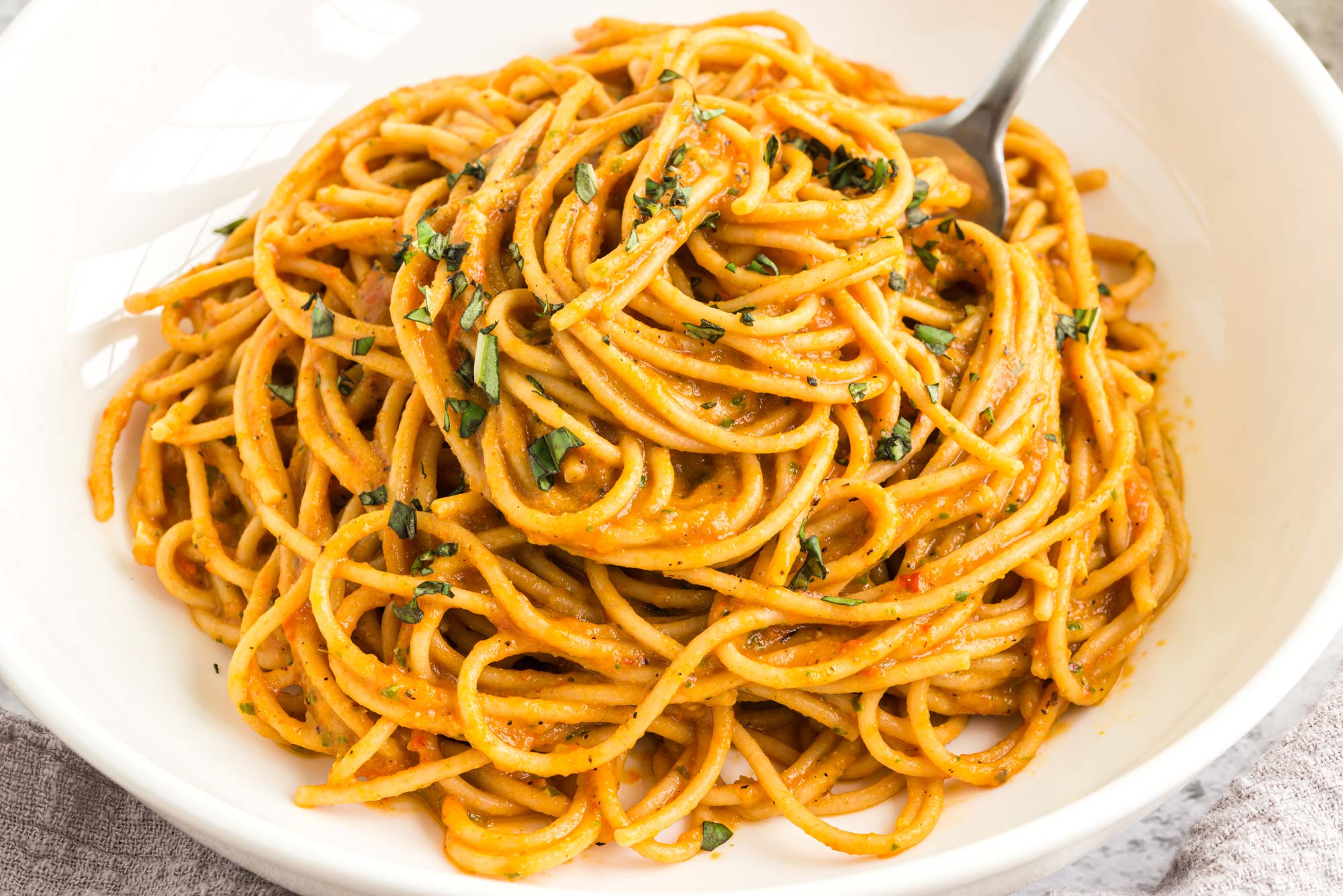 Rroasted red pepper sauce on spaghetti squash