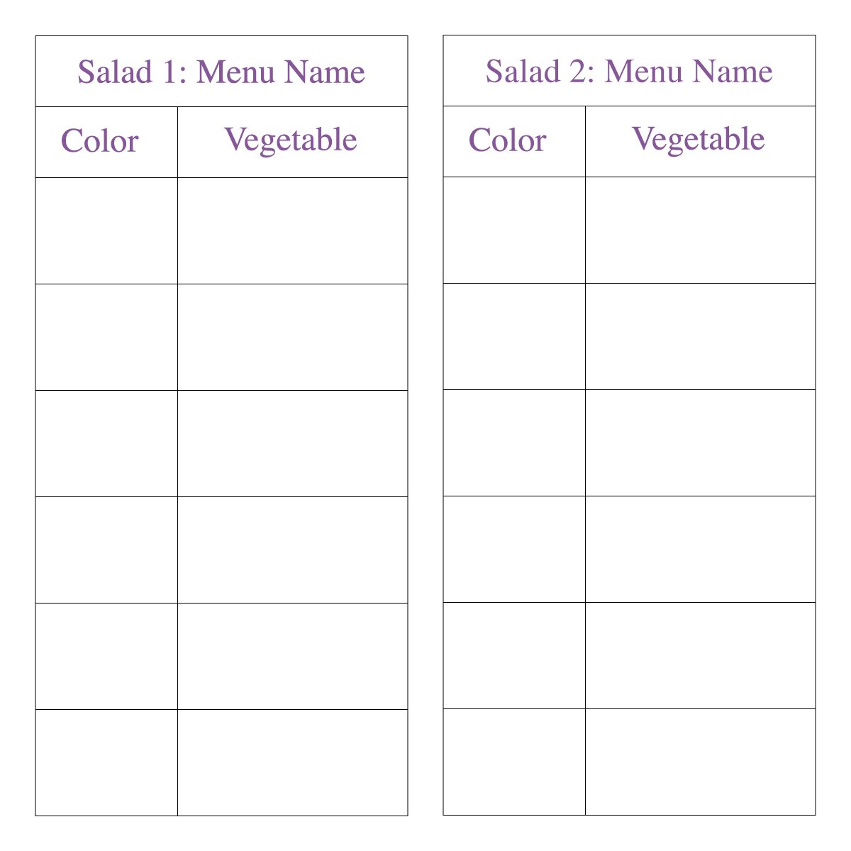 Cruising the Salad Bar Activity - Salad Chart