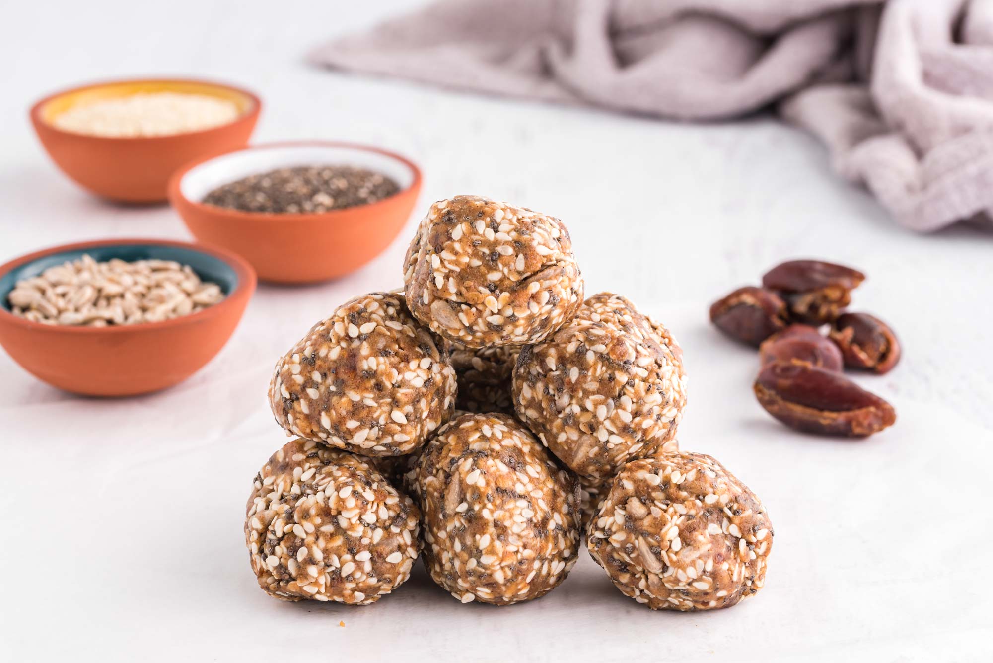 sesame sunflower chia bites on counter