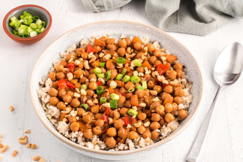 kung pao chickpeas in bowl