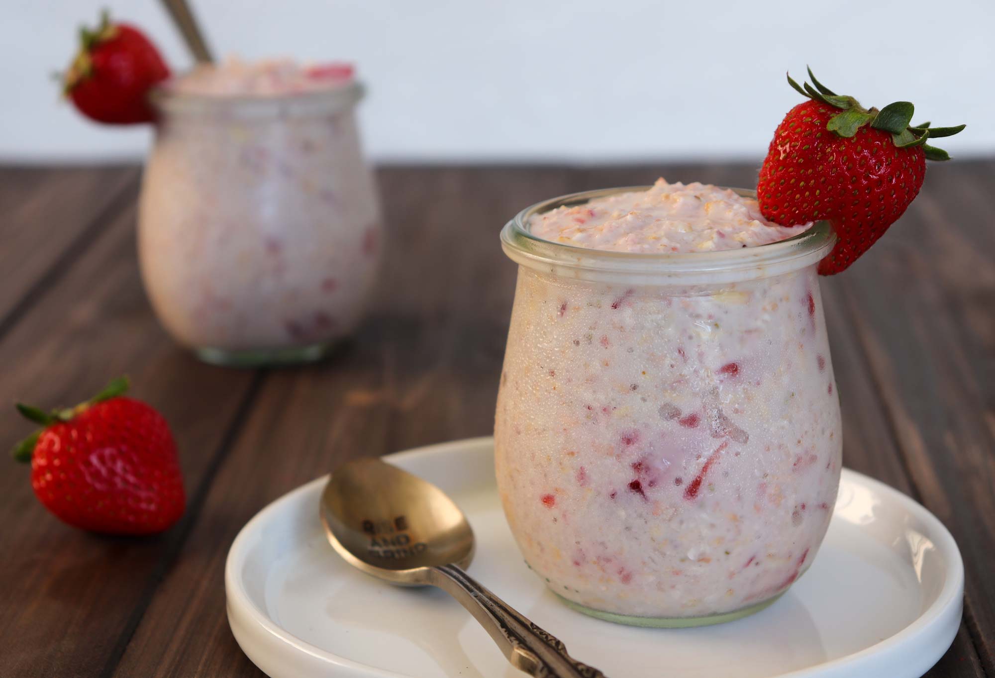 strawberry shortcake overnight oats in glasses