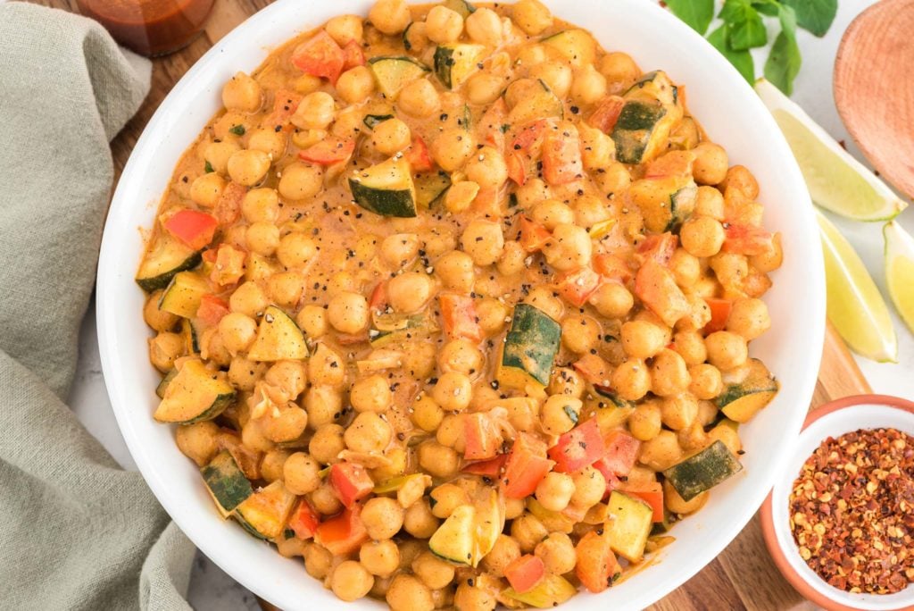 thai almond chickpea curry in bowl