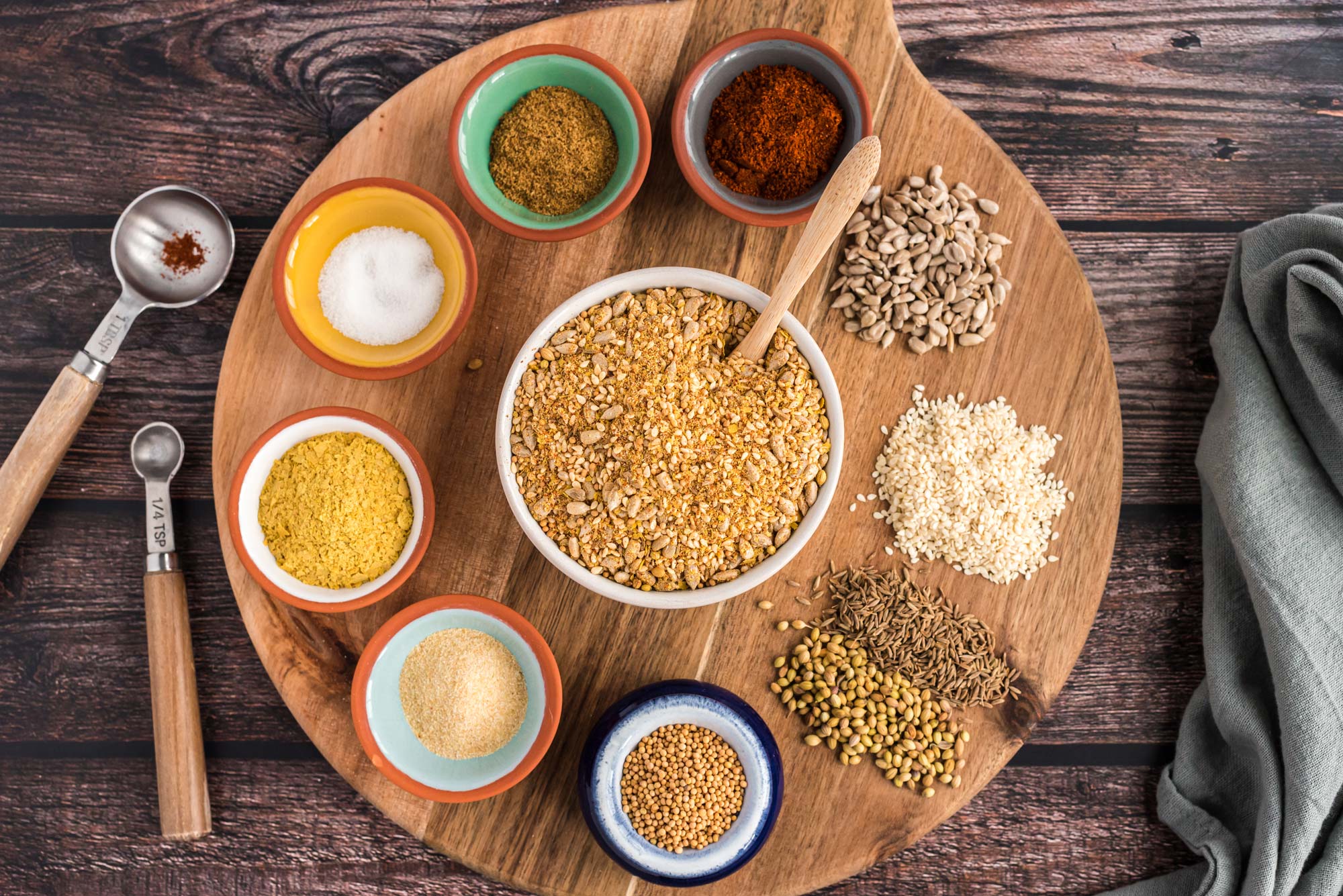 healthy dining: toasted spice blend with ingredients in bowls on board