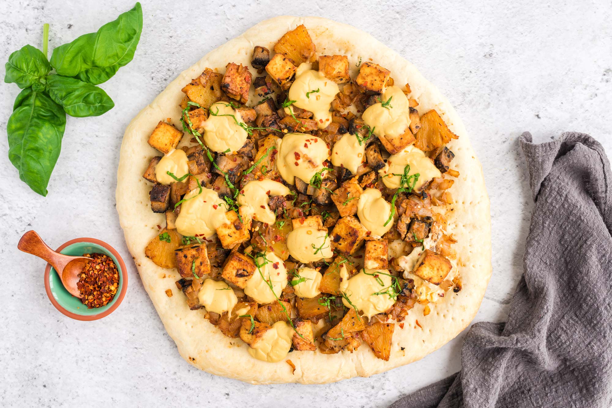 Plant based pizzas: Tofu mushroom pineapple pizza