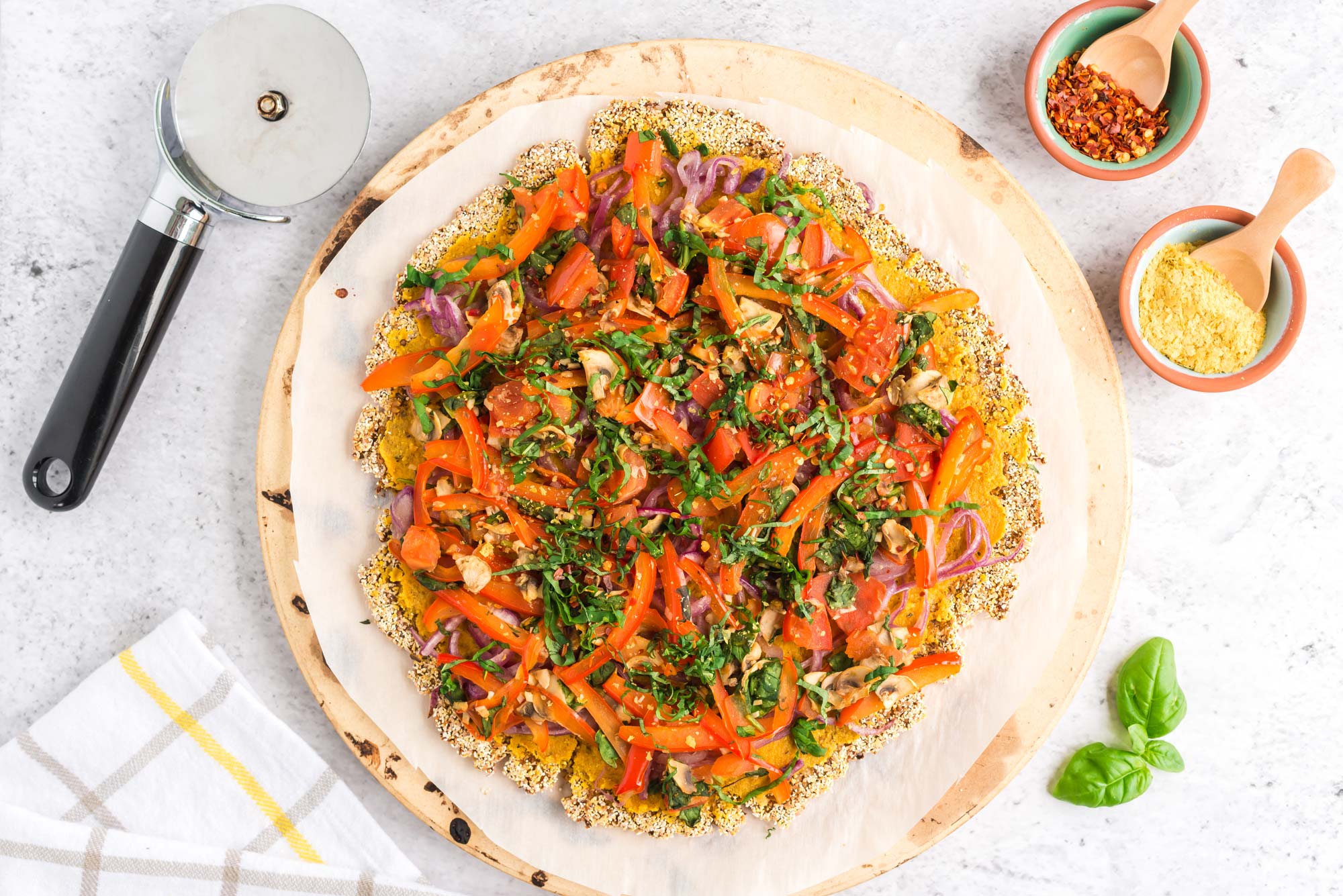 Plant-based Pizzas: Turmeric cashew cheese pizza with cauliflower crust