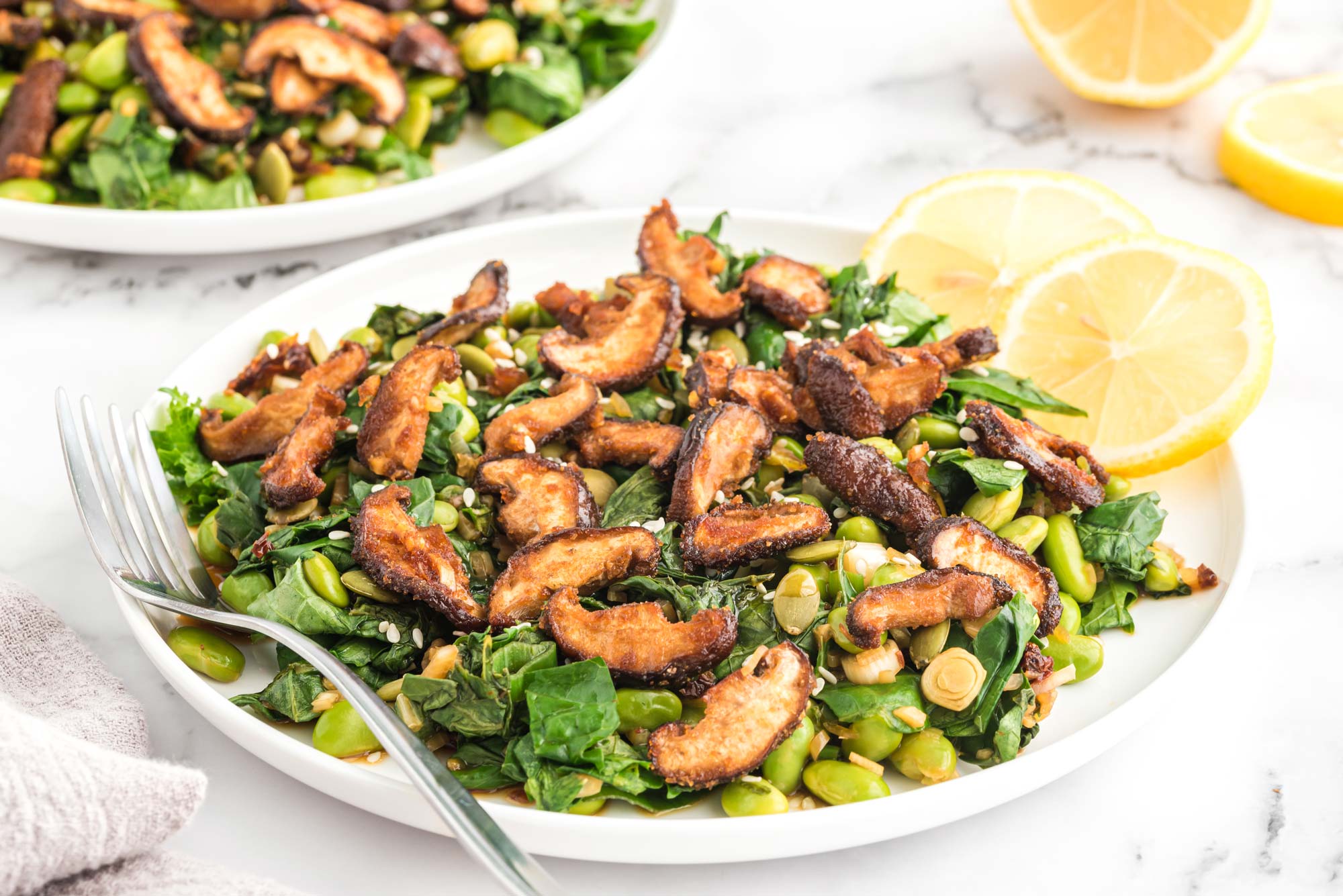 Warm Kale Edamame Salad with Shiitake Bacon