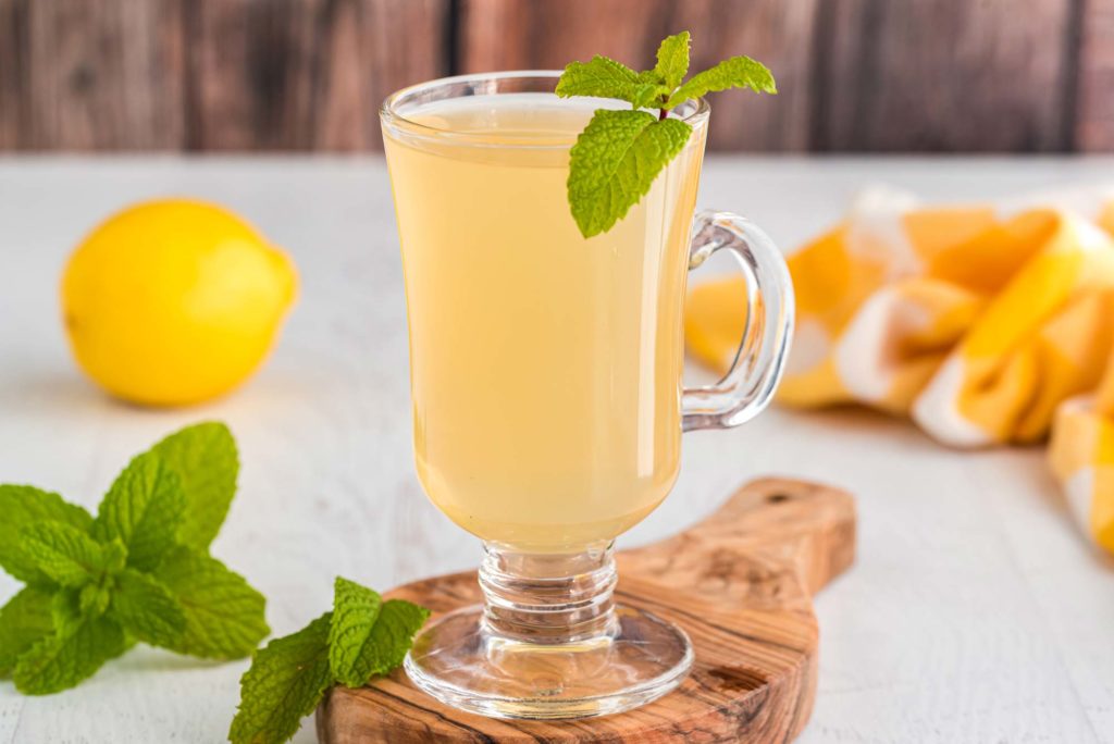 warm lavender mint tea lemonade in glass